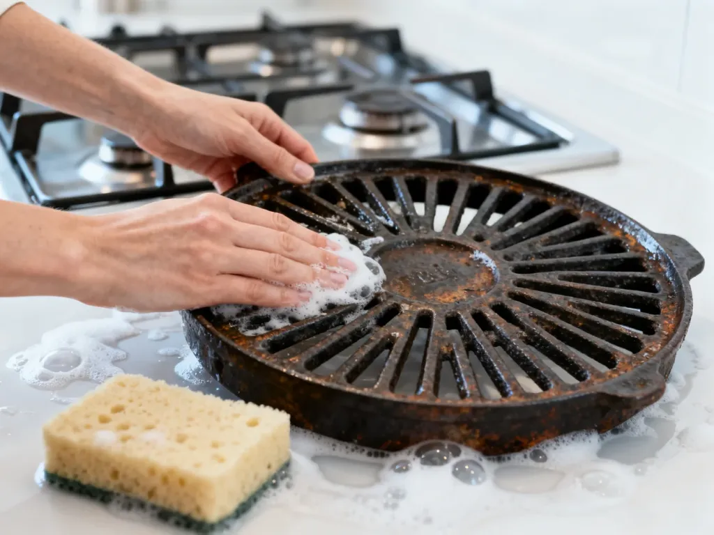 Kobieta czyści żeliwny ruszt kuchenki gazowej za pomocą gąbki z wodą z mydłem w nowoczesnej kuchni.